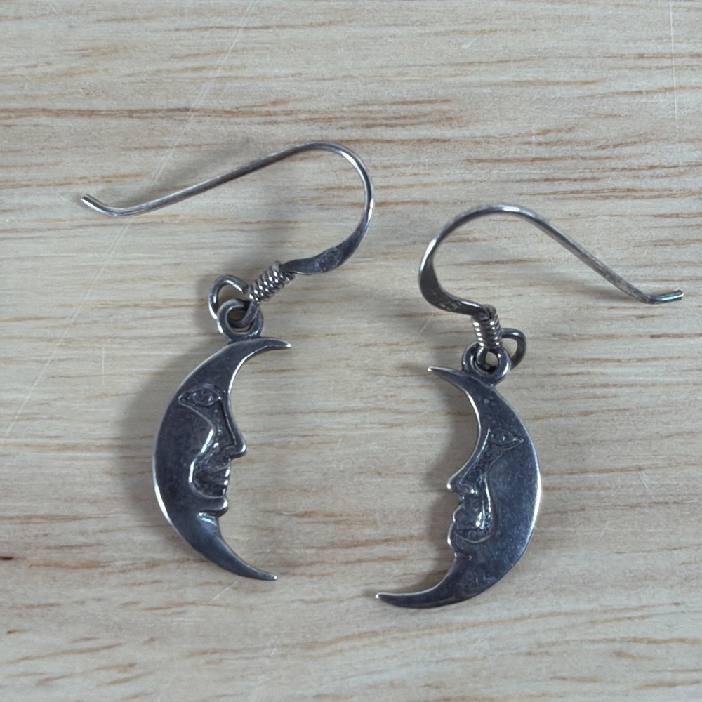 Crescent Moon Face Dangle Earrings 925 Sterling Silver Handmade